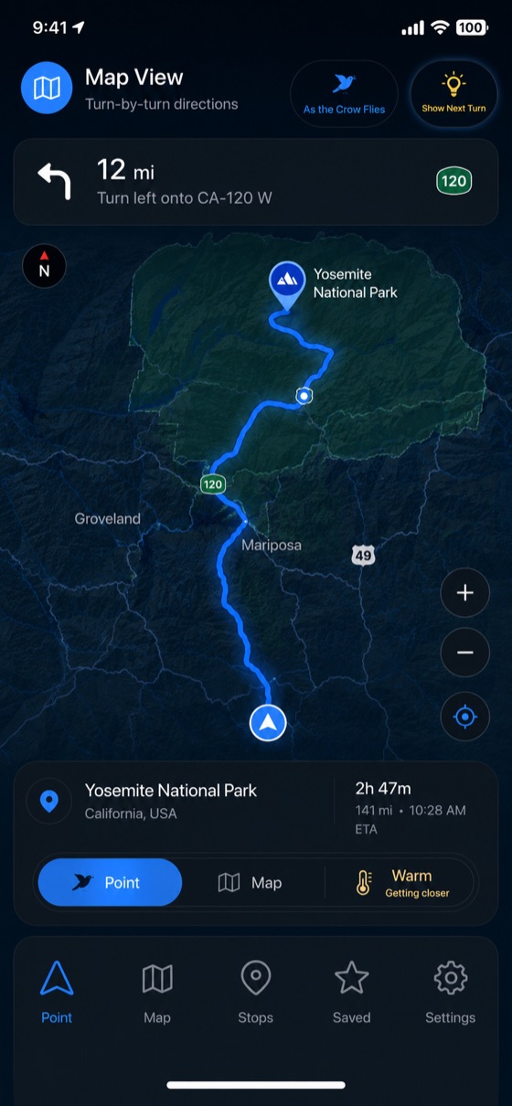 PointMe's map view with turn-by-turn directions to Yosemite National Park