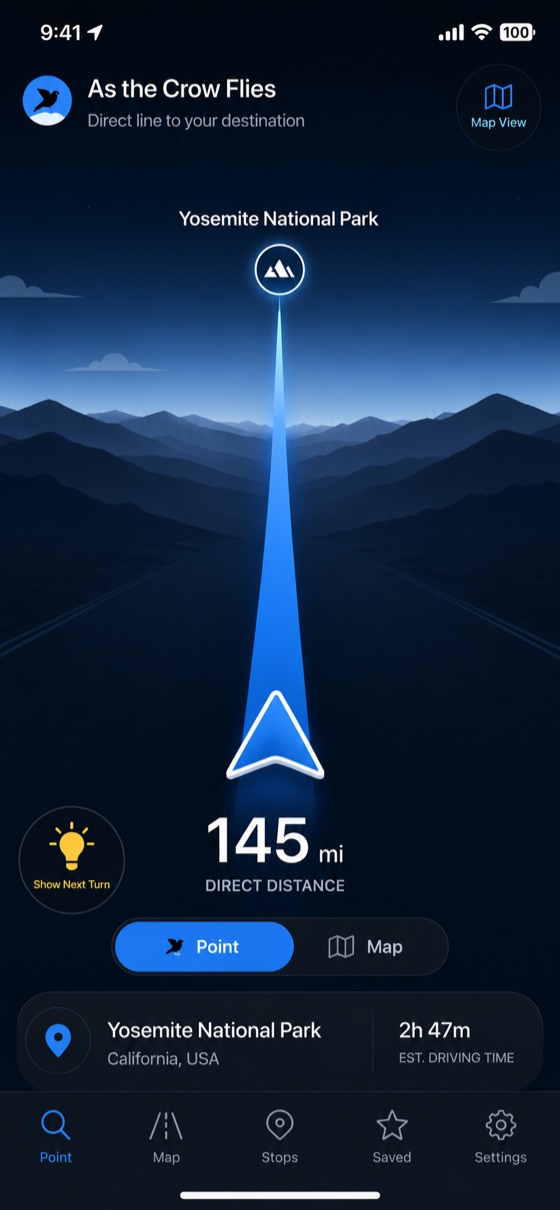 PointMe's Point mode: a glowing beam pointing straight toward Yosemite National Park, 145 miles away